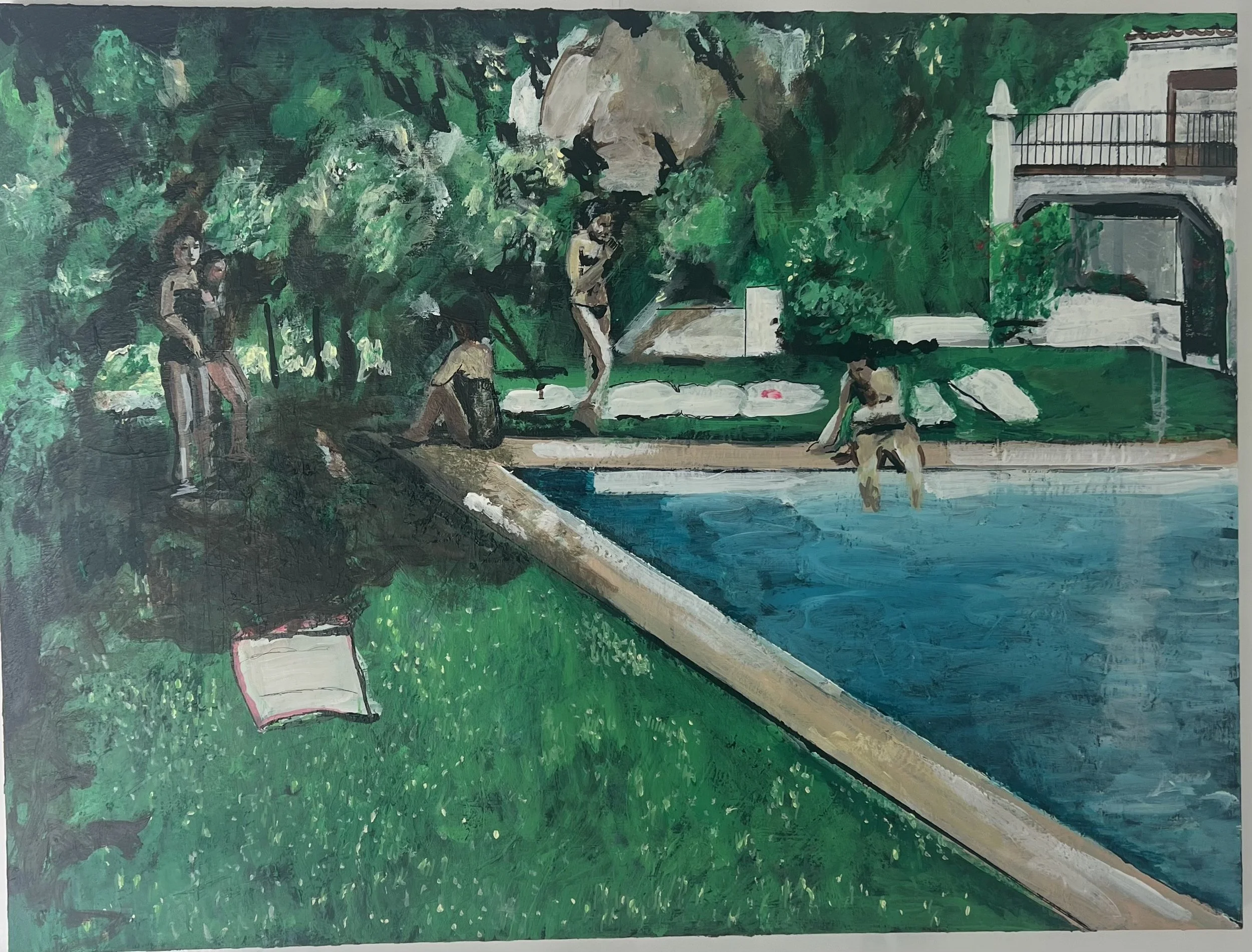 A group of people in swimsuits relaxing by and in a swimming pool in a lush green garden with trees and shrubs. Some are sitting on the pool edge while others are in the water, with a house visible in the background.