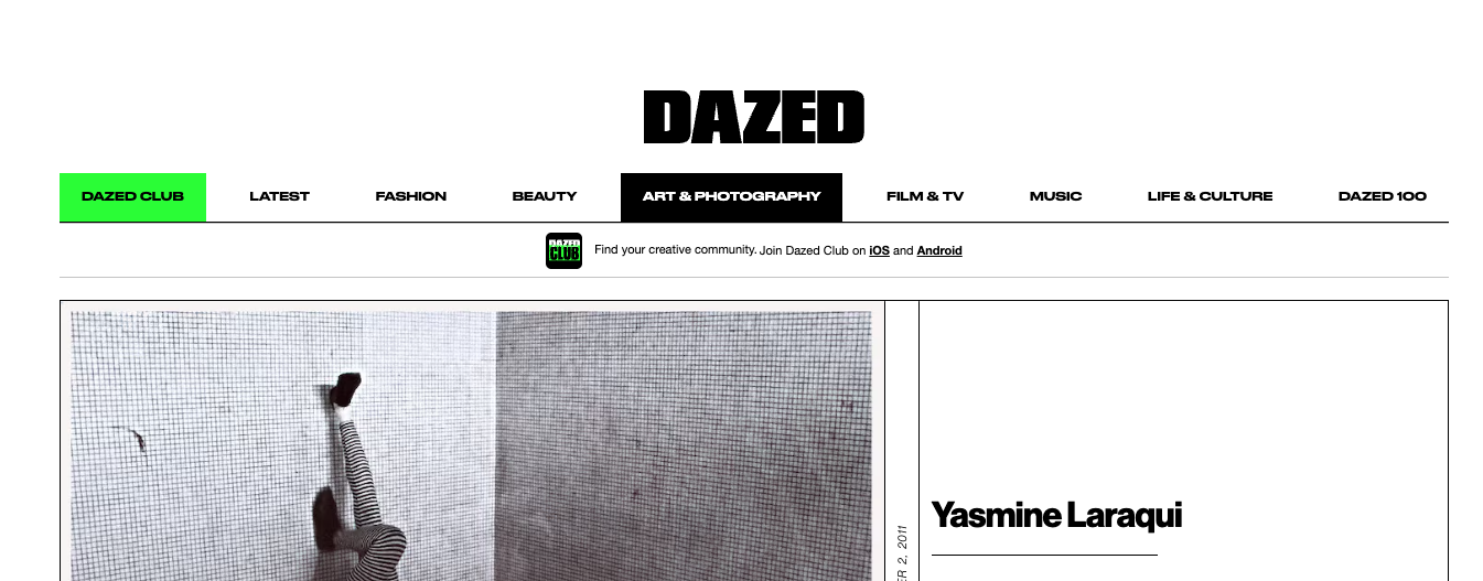 Screenshot of DAZED magazine webpage featuring an art and photography article with a photo of a person in striped pants standing upside down against a tiled wall. yasmine laraqui article