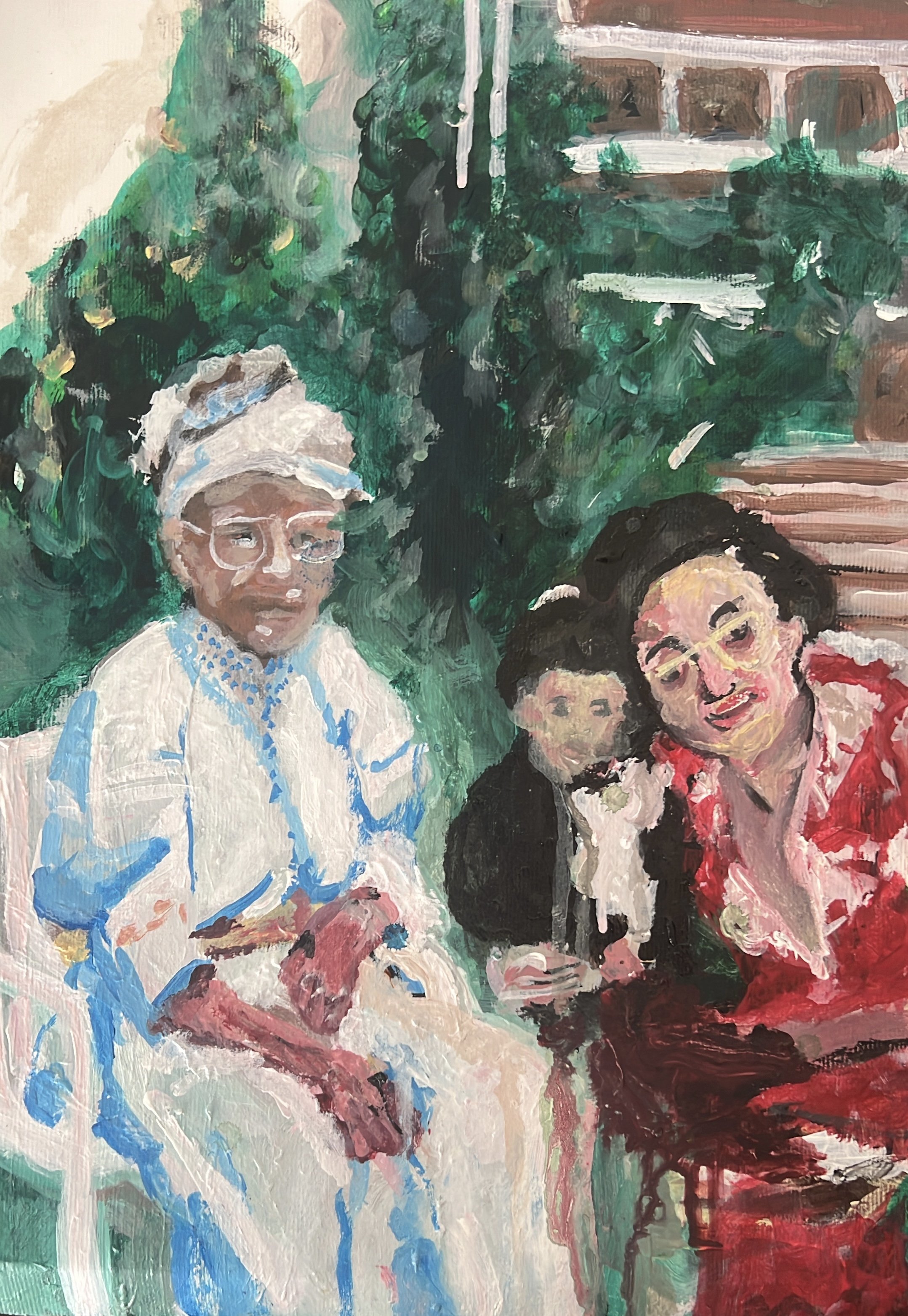 A painting of three people sitting outdoors in front of green bushes. The person on the left is an elderly woman wearing glasses, a light-colored outfit, and a headscarf. The person in the middle is a young girl with shoulder-length hair, wearing a b