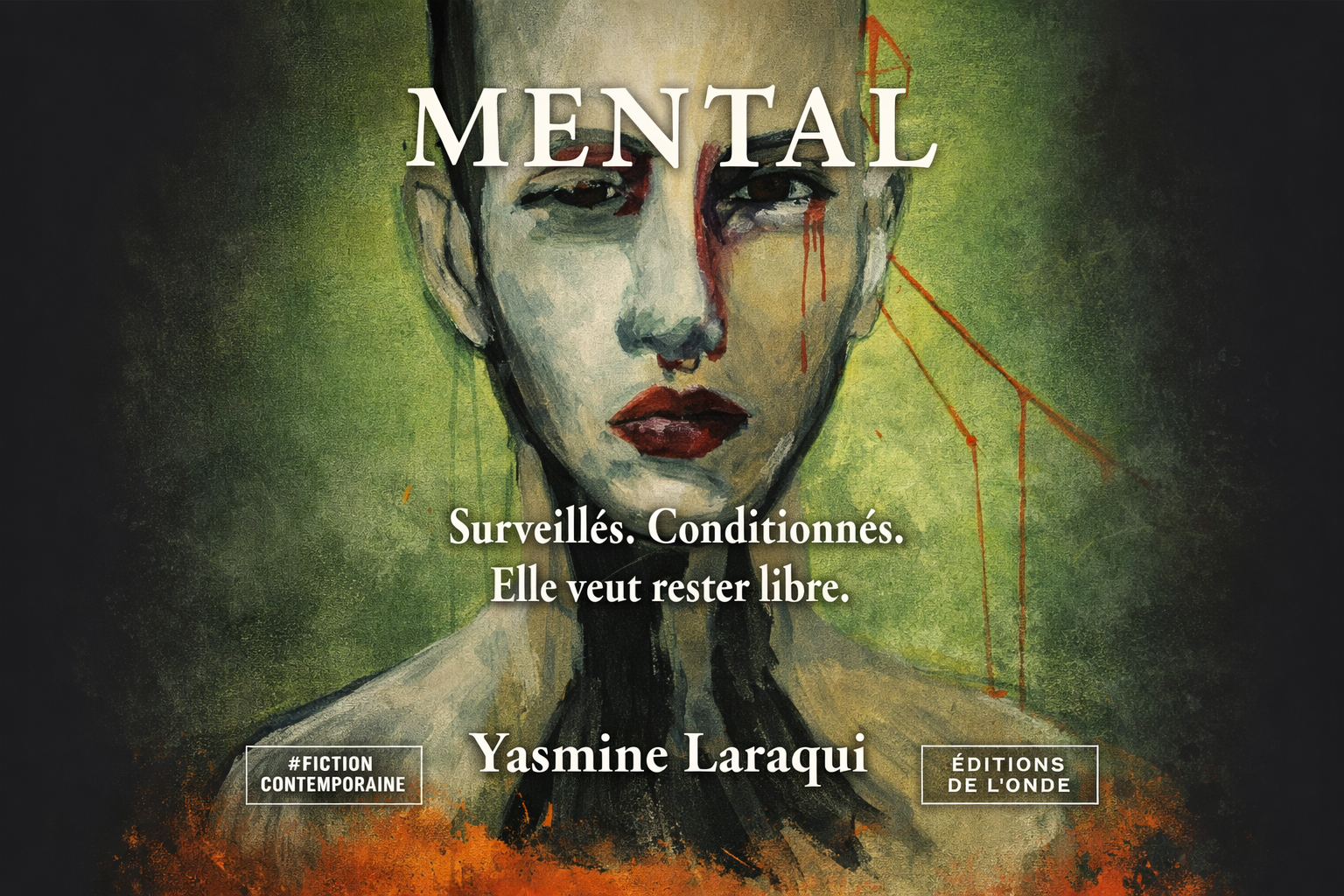 Book cover with a painted portrait of a woman with short hair, dark lips, and a distressed expression. Title 'MENTAL' in large white letters at the top, with the subtitle in French below: 'Surveillés. Conditionnés. Elle veut rester libre.' The author's name, Yasmine Laruqi, is at the bottom, along with #FictionContemporaine and Éditions de L'onde.