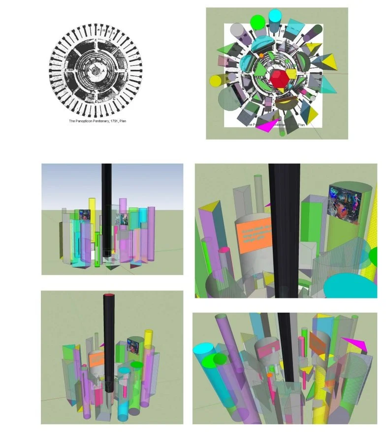 A collage of six images depicting a historical architectural plan and a modern 3D digital model of the Pantheon in Rome. The first image is a black and white plan drawing from 1791. The following five images are colored 3D renderings of the Pantheon, showing a circular structure with various columns and interior details.