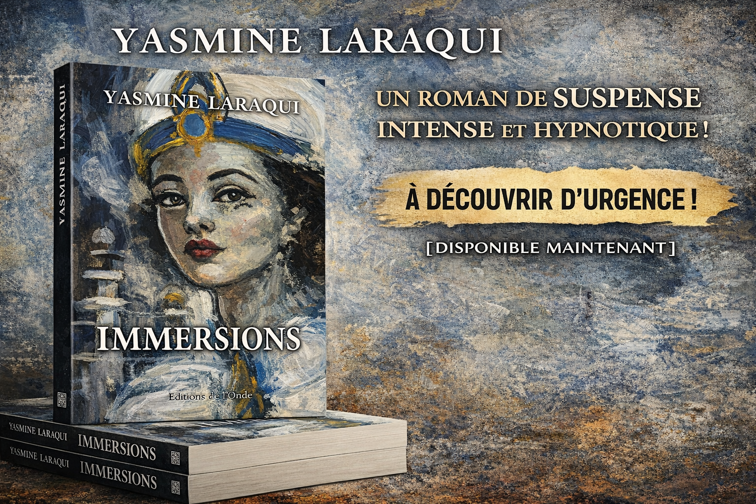 A painting of a woman with dark hair, wearing a colorful headdress and red lipstick, on the book cover titled "Immersions" by Yasmine Laraqui.