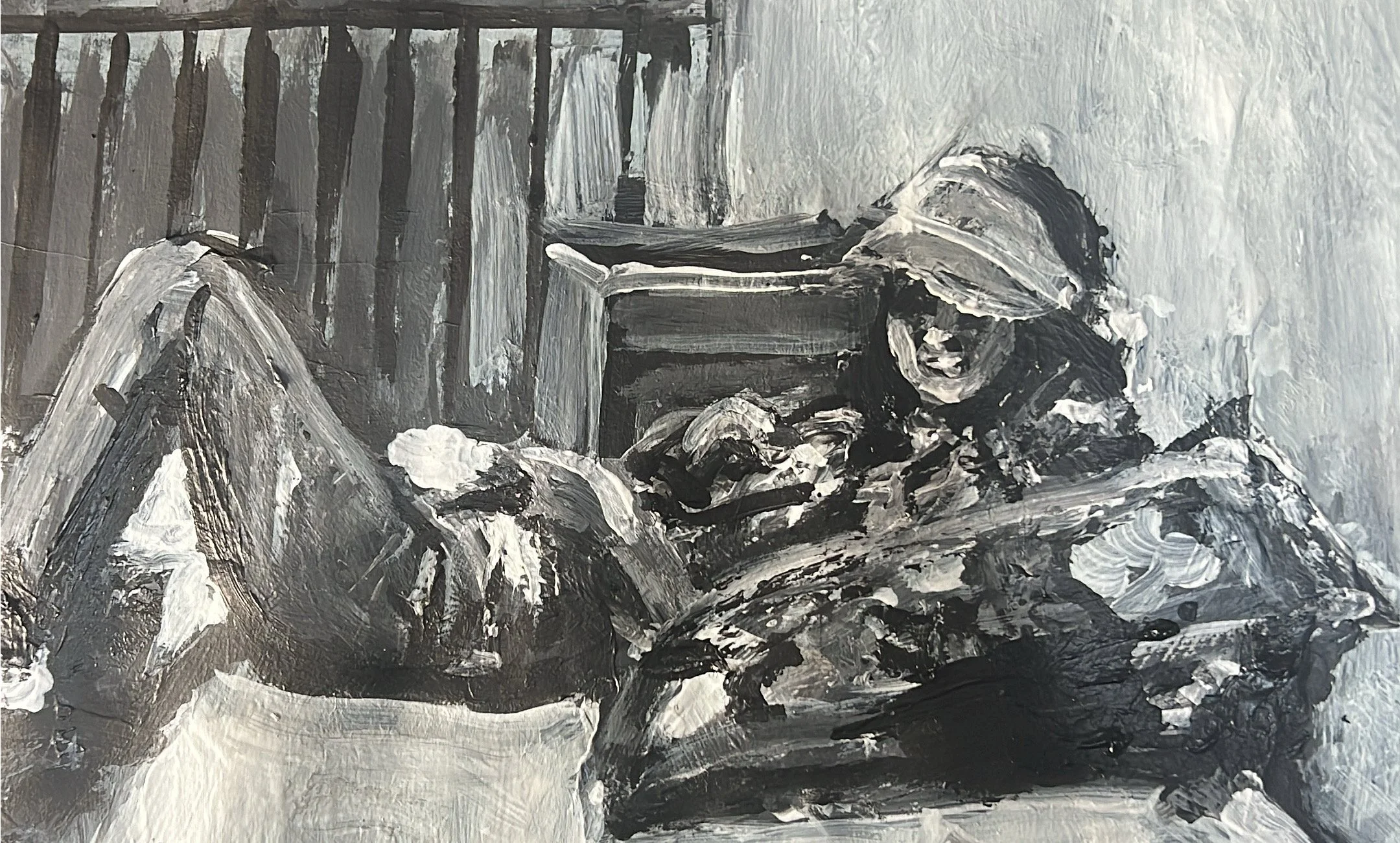A monochrome impressionistic painting of a woman reclining with a hat on her head, resting her head on her arm, surrounded by abstract background.