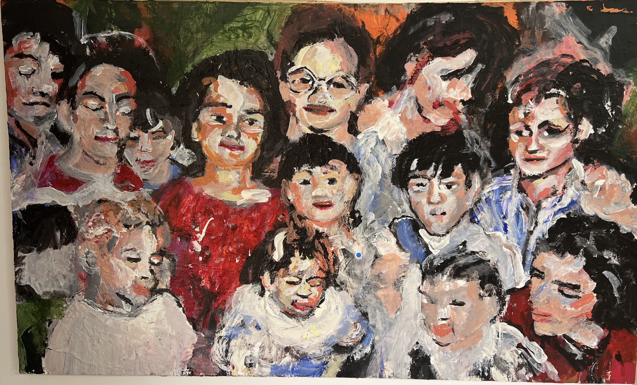 A colorful painting of a group of smiling Asian women and children gathered closely together, some with glasses, wearing vibrant clothing in red, blue, white, and black, against a dark background.