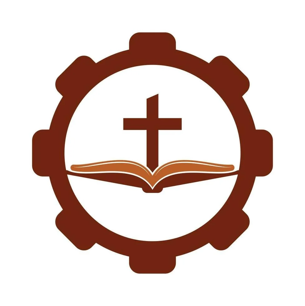 Christian cross over an open Bible inside a gear shape, representing faith and service.