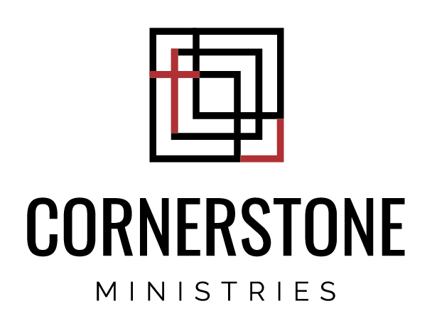 A black silhouette of a person holding a large cross with a smaller cross on the left and a square on the right, both in red, against a white background.