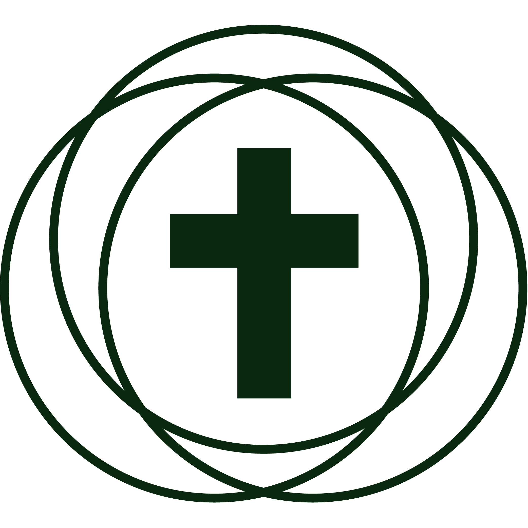 Medical cross symbol inside a circle, surrounded by intersecting lines, on a black background.
