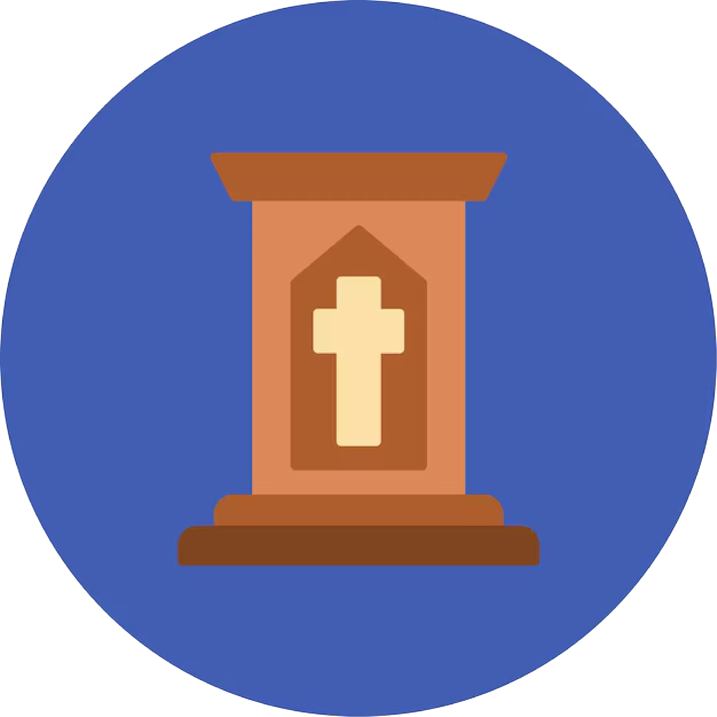 A graphic icon of a church with a cross on its door, set against a dark blue circular background.