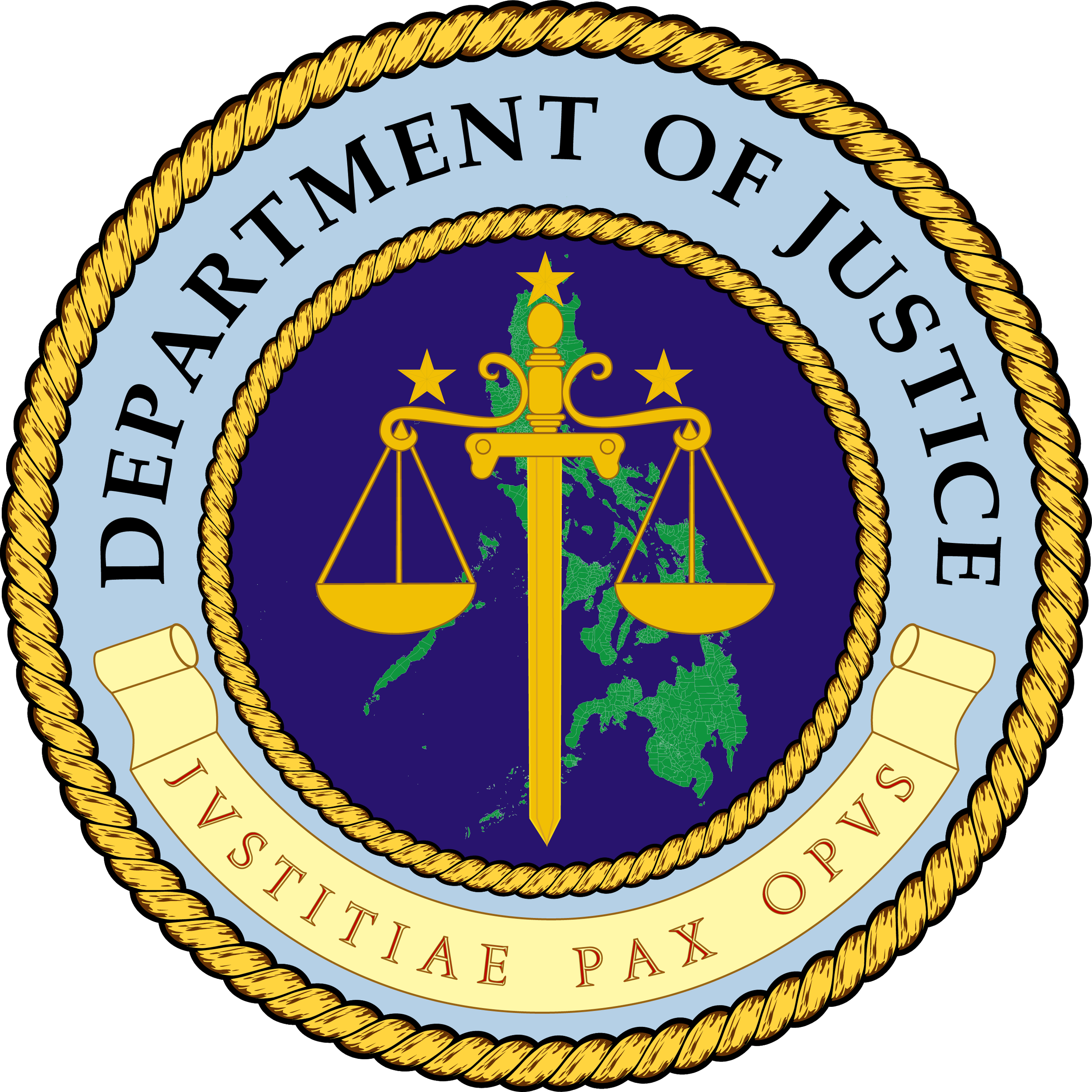 Seal of the United States Department of Justice with a gold rope border, scales of justice, a sword, and a map of the United States in the background. The seal has a Latin phrase, 'VINDEXAE PAX OMPIVS,' on a scroll.