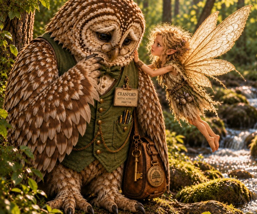 Thistlewyn flies beside Cranford at the creek, gently comforting the distressed Nesting Authority Director as they discuss expanding the Nesting Authority.