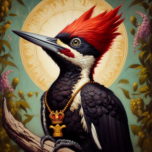 King Arthur, a regal pileated woodpecker with a bright red crest, perched against a decorative forest portrait background.