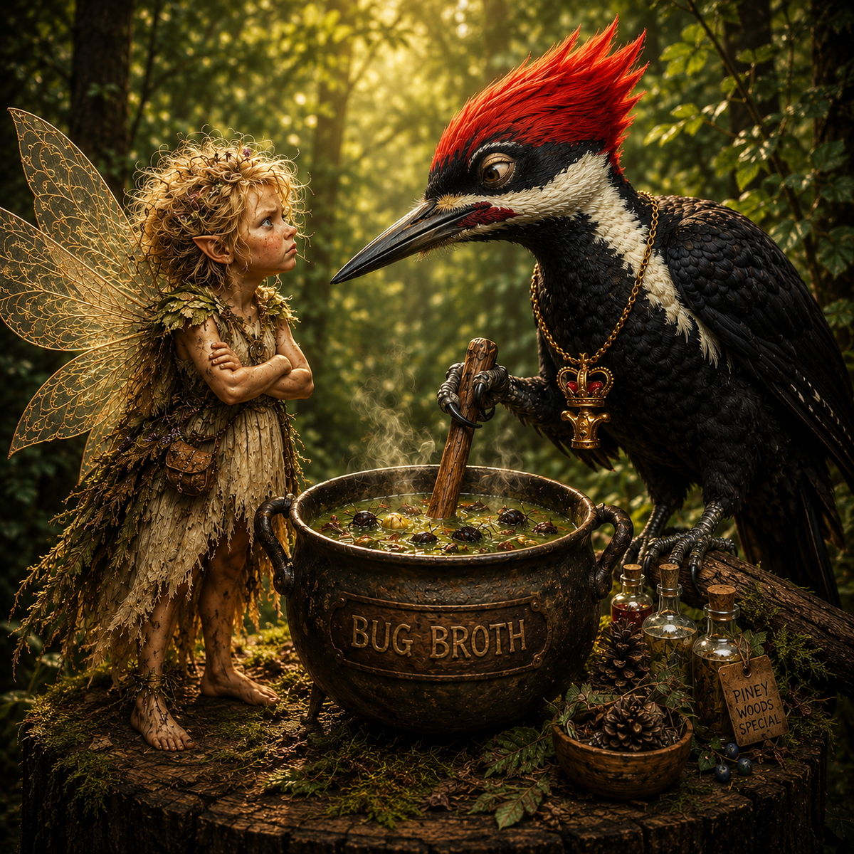 Thistlewyn, a tiny blonde fairy with burnished golden filigree wings, faces King Arthur, a regal pileated woodpecker, beside a steaming pot of bug broth in the Piney Woods.