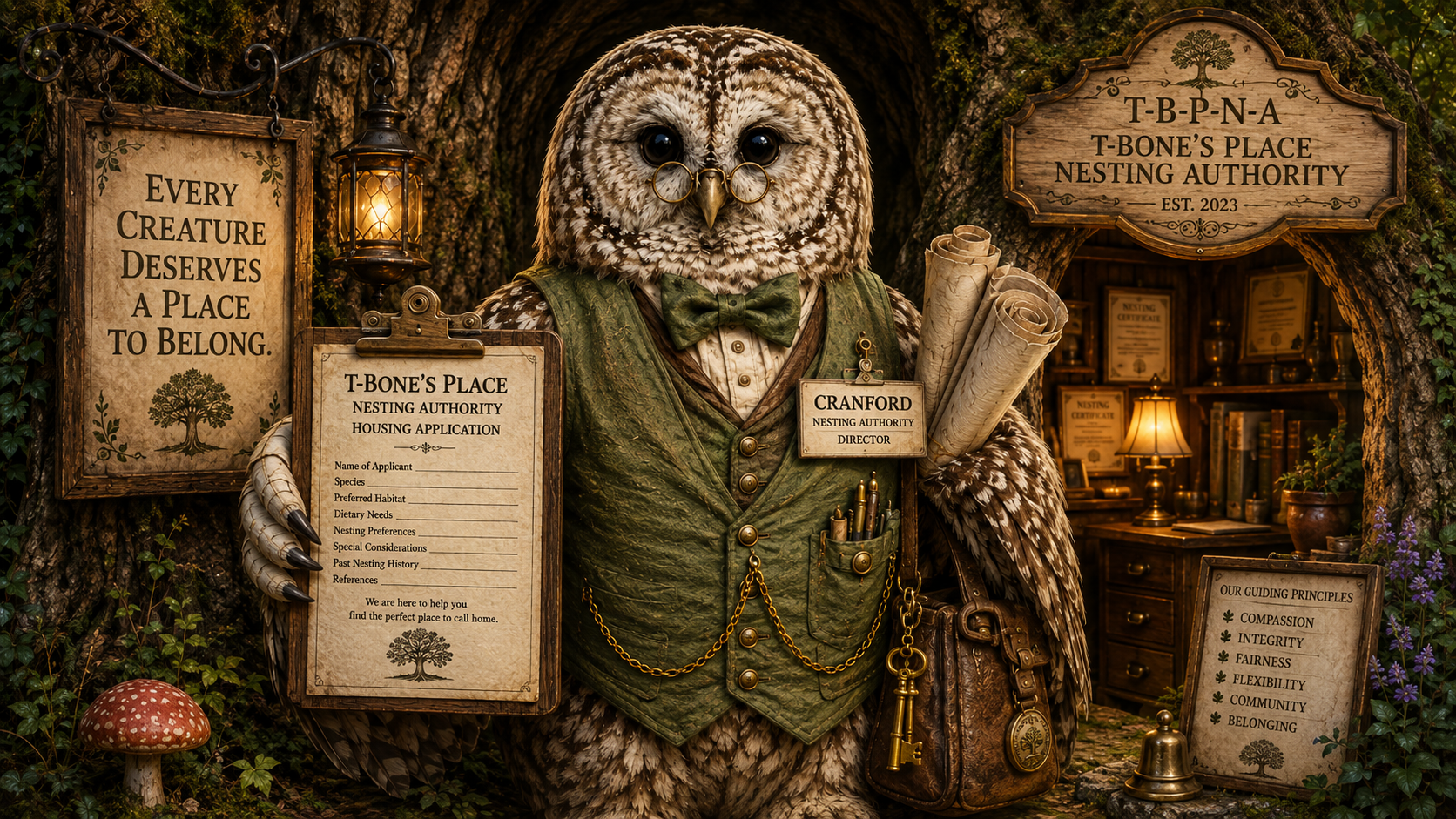 Cranford, a bespectacled Barred Owl in a green vest and bow tie, stands outside the T-Bone’s Place Nesting Authority holding a housing application and rolled plans beside a sign that reads, “Every Creature Deserves a Place to Belong.”