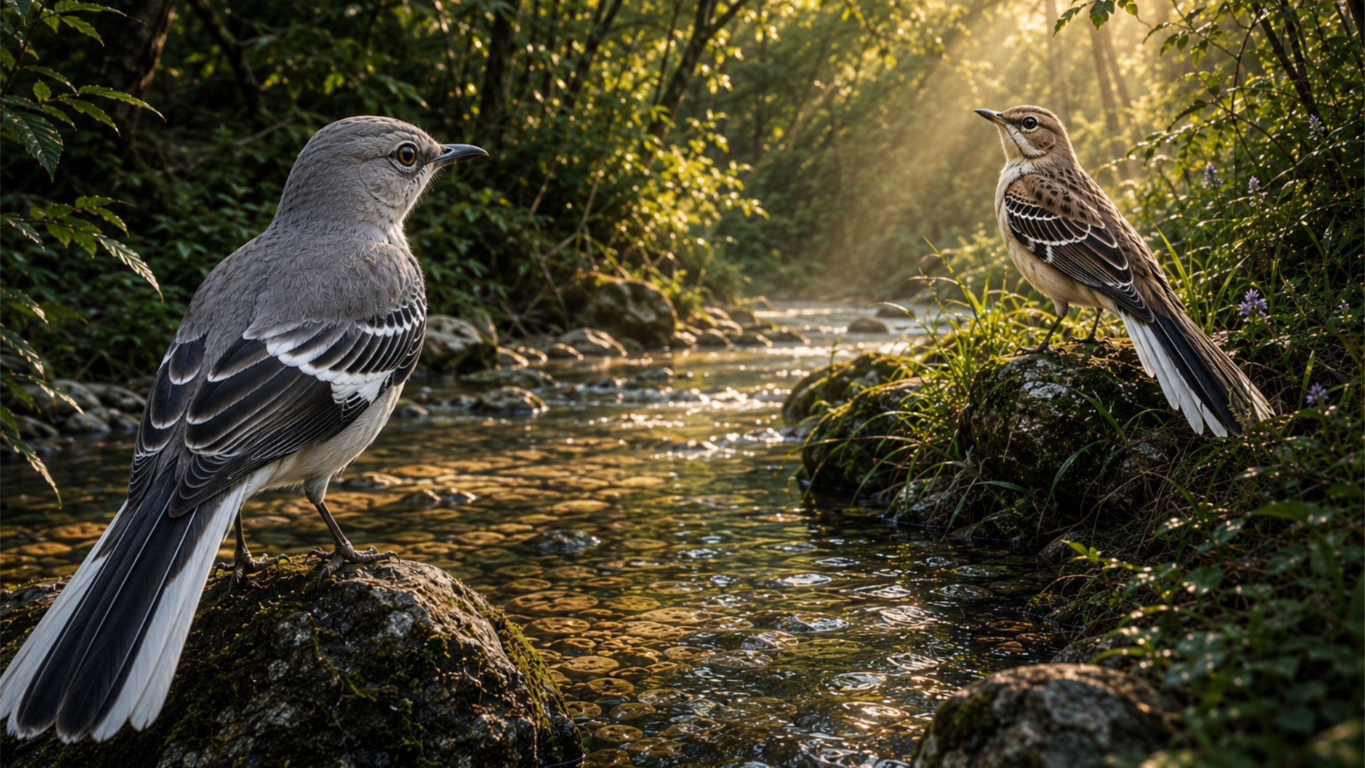 Tex, a Northern Mockingbird, watches Rosa, a Tropical Mockingbird, from across the sunlit creek at T-Bone’s Place during their first meeting.