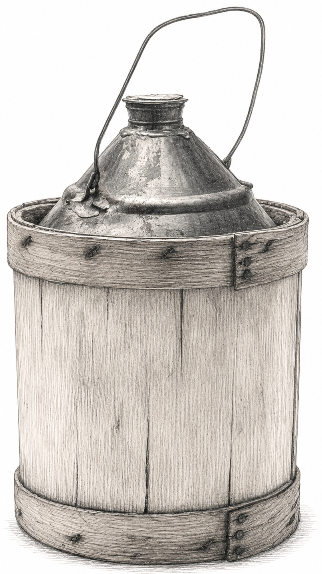 Detailed pencil sketch of an early wooden-jacketed oil can with vertical wooden staves, metal bands, a conical metal top, narrow spout, and wire handle.