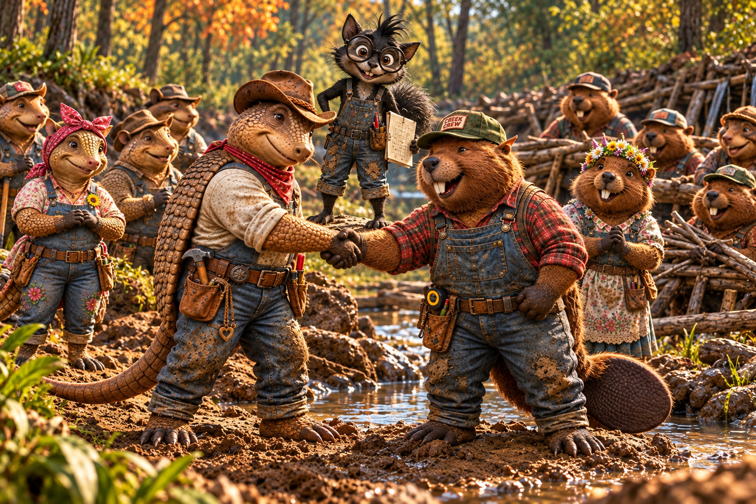 Biff the armadillo and Carl the beaver shake paws beside the creek while Peggy Sue, Jimi Lou, their crews, and Steve watch over the Creek Expansion Project.