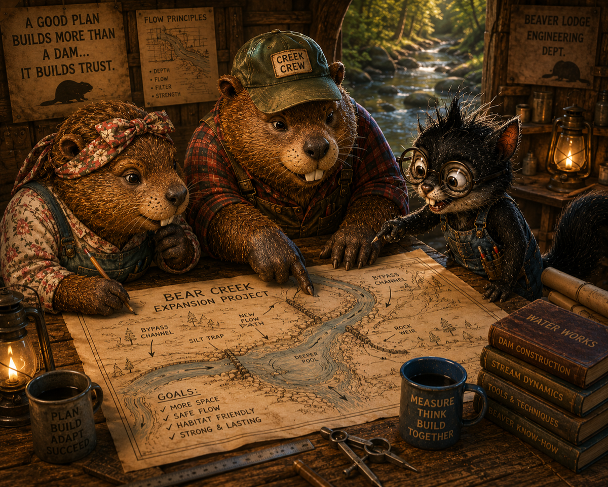 Steve, a black cat squirrel in patched overalls and round glasses, reviews Bear Creek expansion plans with beavers Jimi Lou and Carl inside their creekside lodge.