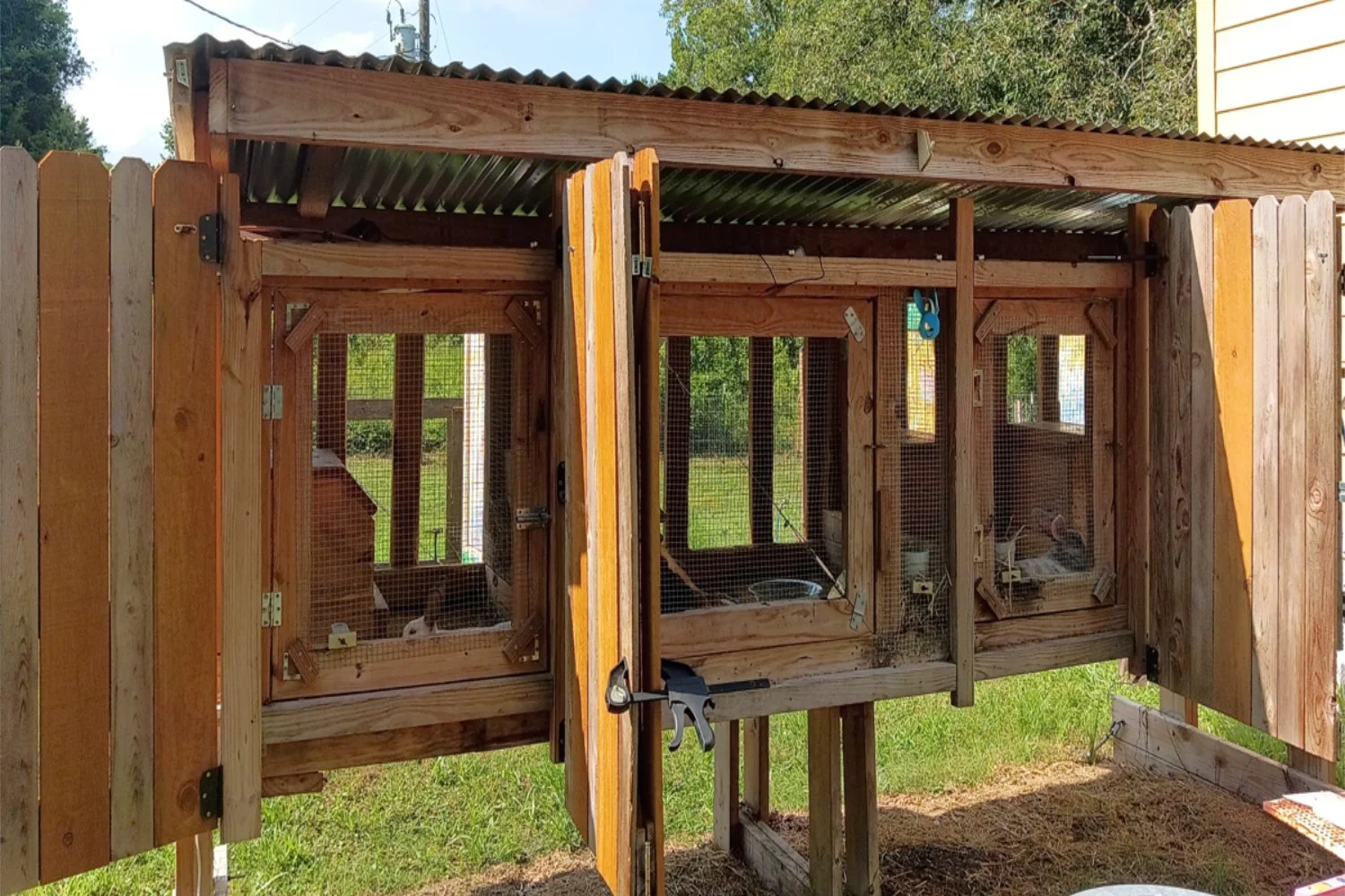 Custom-built rabbit hutch showing a small-footprint livestock setup for rabbits on a budget homestead.