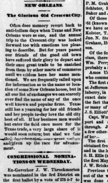 Newspaper clipping from The Daily Jimplecute of Jefferson, Texas, September 1, 1876, page 2, column 1, titled “New Orleans: The Glorious Old Crescent City,” discussing New Orleans’s loss of Texas trade and renewed commercial competition.