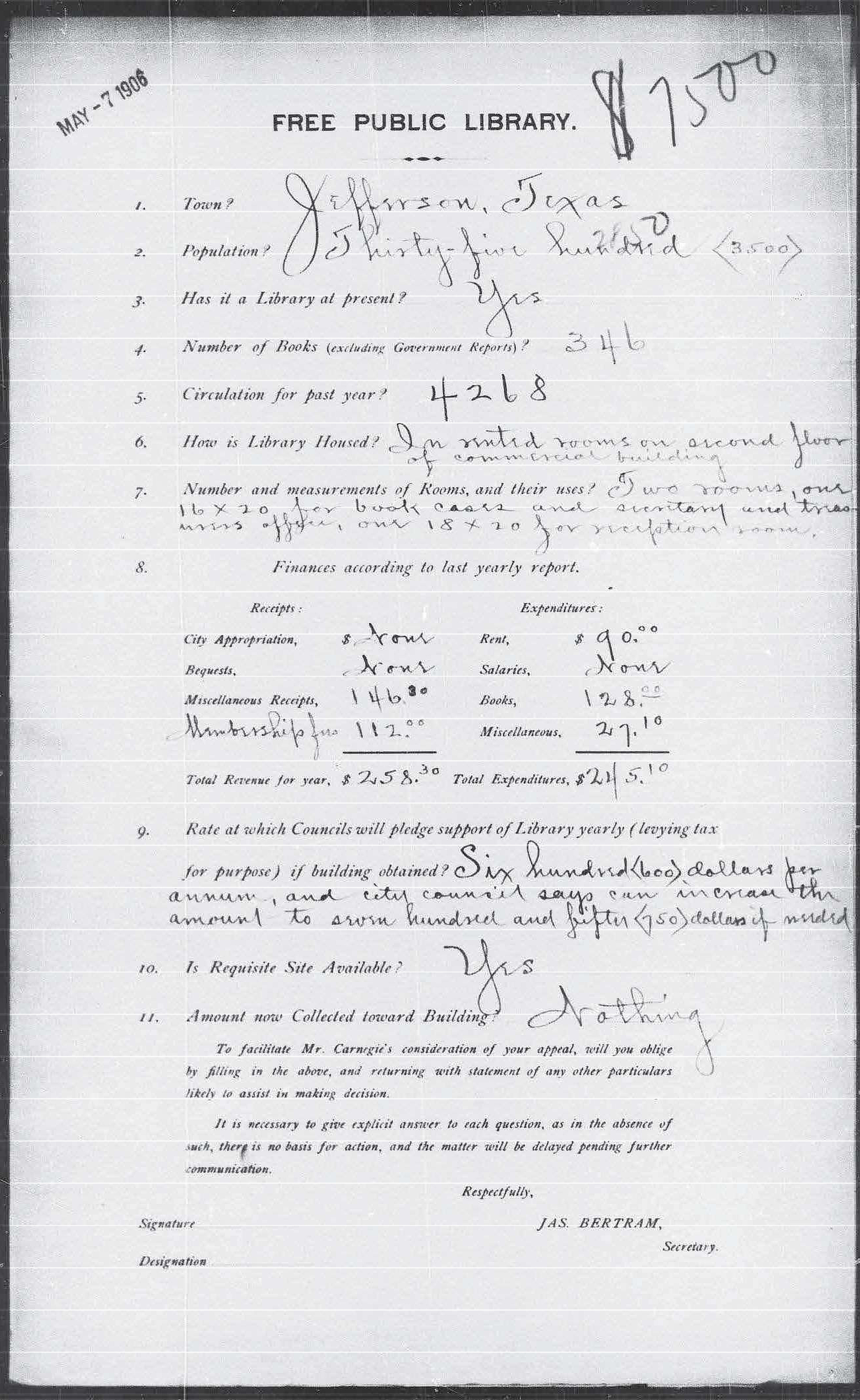 Copy of the original intake application for the Jefferson Carnegie Library, Jefferson, Texas.