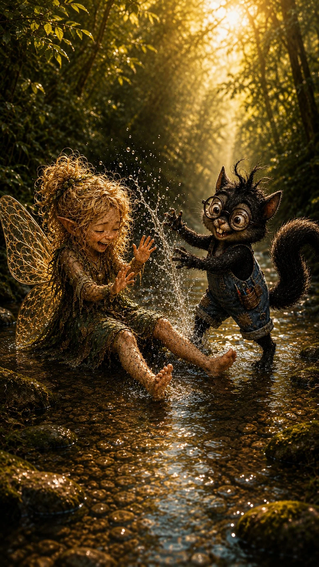 Thistlewyn laughs in the shallow water of Bear Creek as Steve, a dark Cat Squirrel in patched overalls and round glasses, splashes her while teaching her how to play.