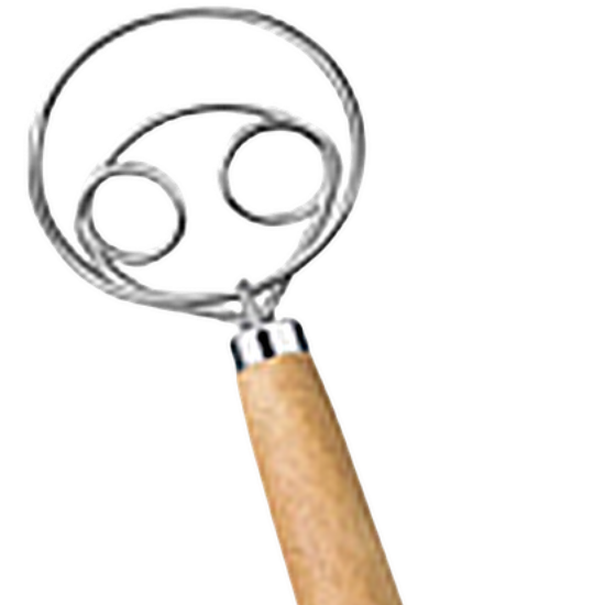 Traditional Danish dough whisk with wooden handle and double-loop stainless-steel head.