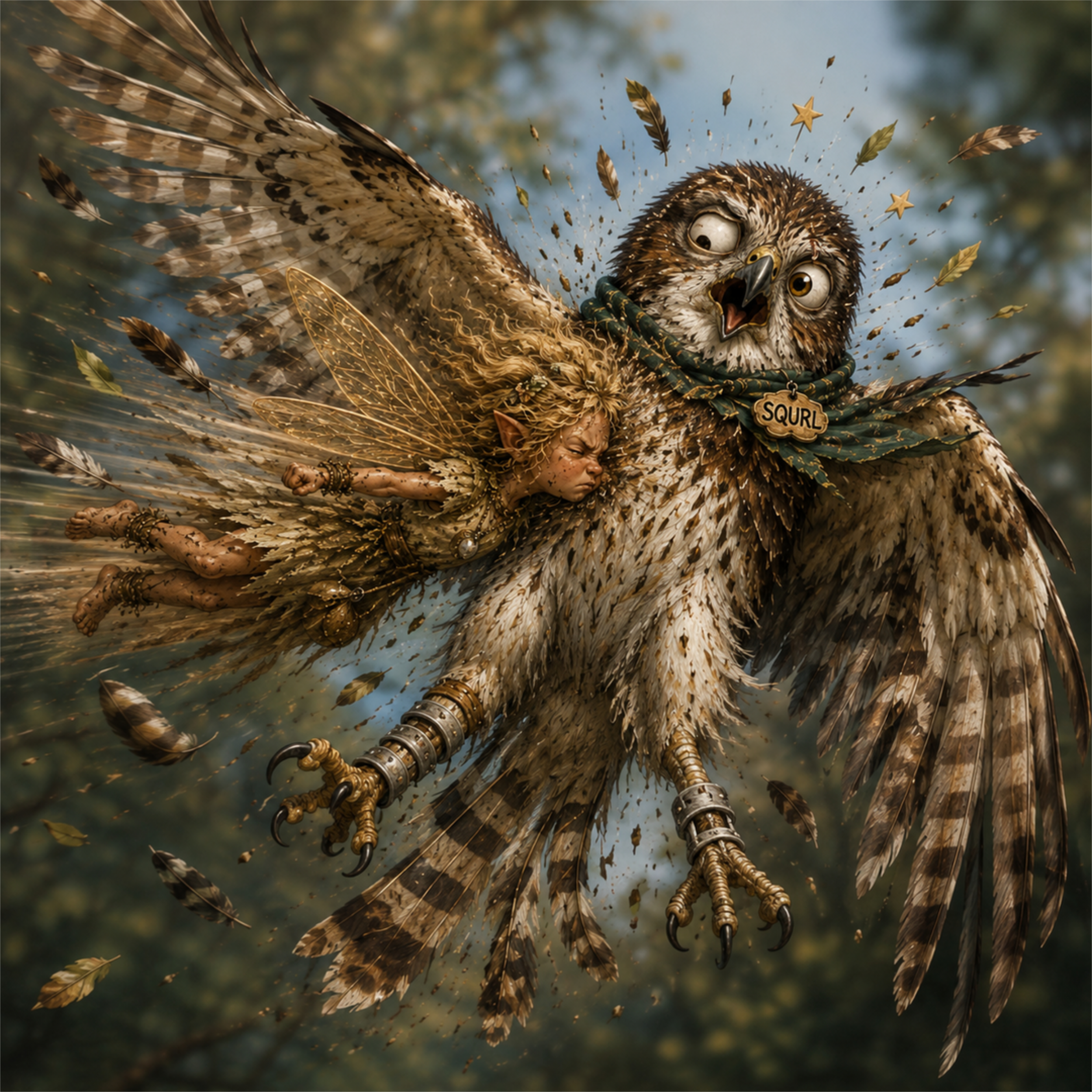 Thistlewyn crashes midair into a startled, wide-eyed hawk, named Preston, wearing a “SQURL” tag, sending feathers, leaves, and golden sparkles flying through the forest at T-Bone's Place.