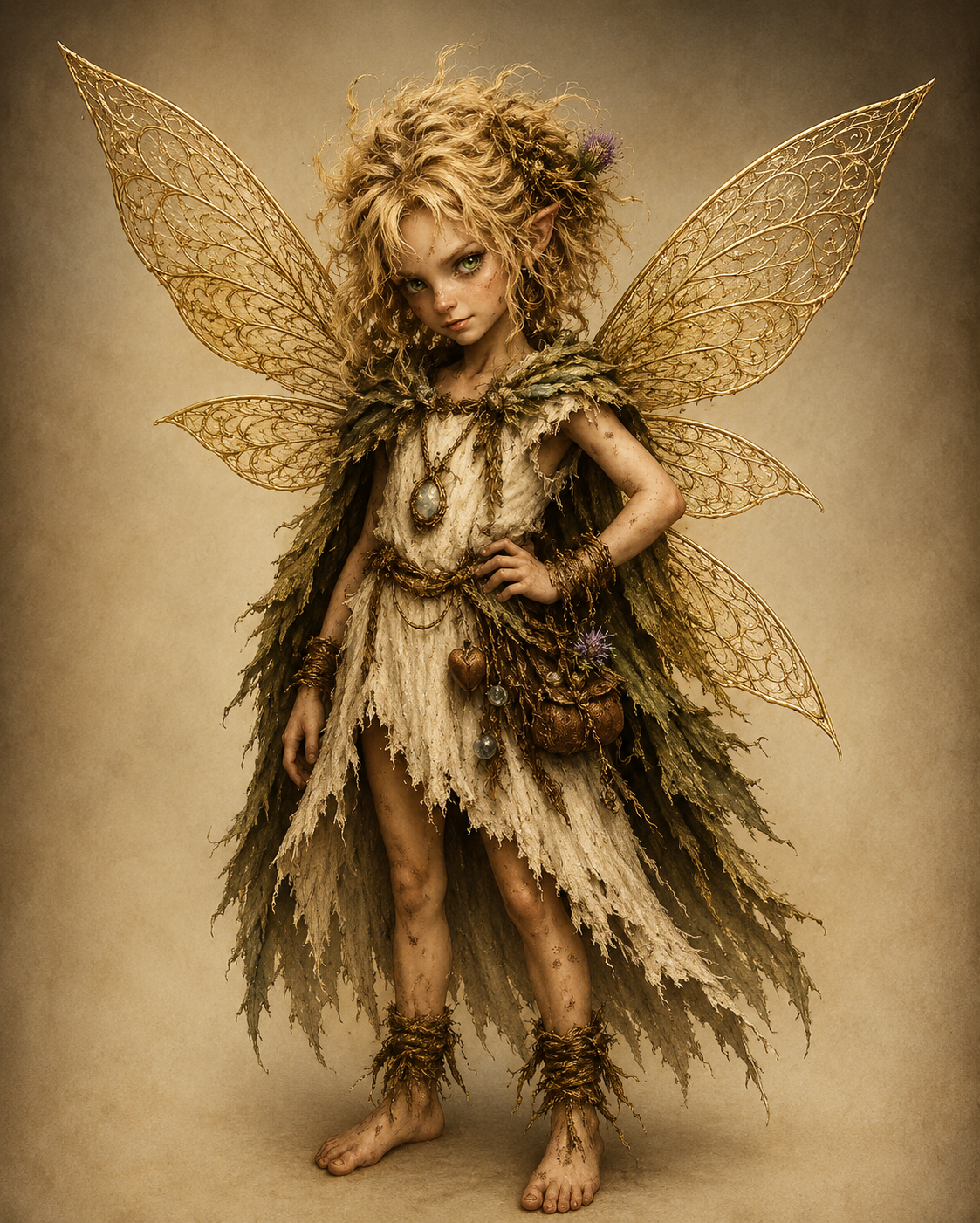 Thistlewyn, a tiny blonde fairy with burnished golden filigree wings, standing in her ragged cream dress.