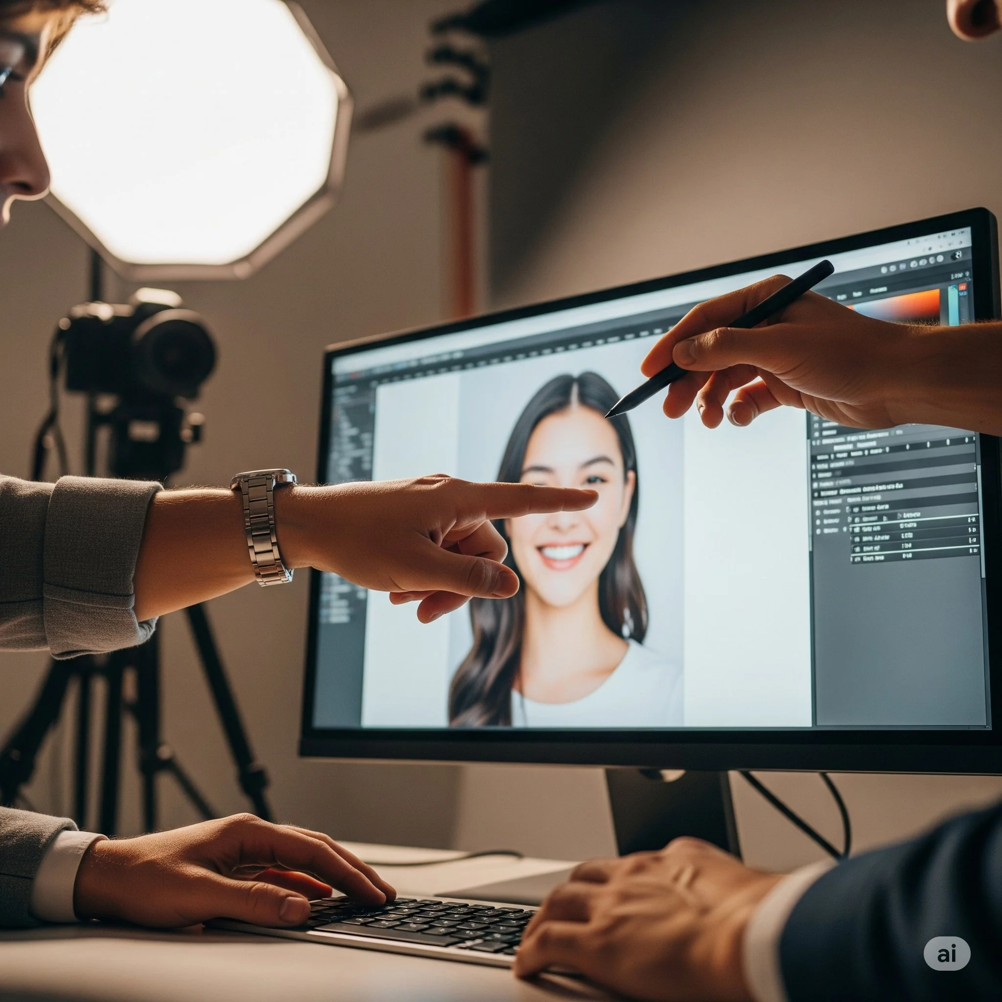 Two people working at a computer, editing a photo of a woman with long dark hair, smiling. One person is pointing at the screen with a stylus, and the other is typing on the keyboard. Photography equipment is visible in the background.