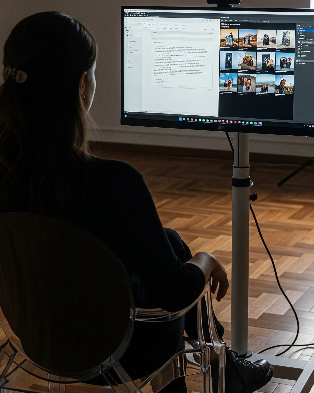 Person sitting on a transparent acrylic chair, working on a computer with a computer monitor displaying a document and a photo library.
