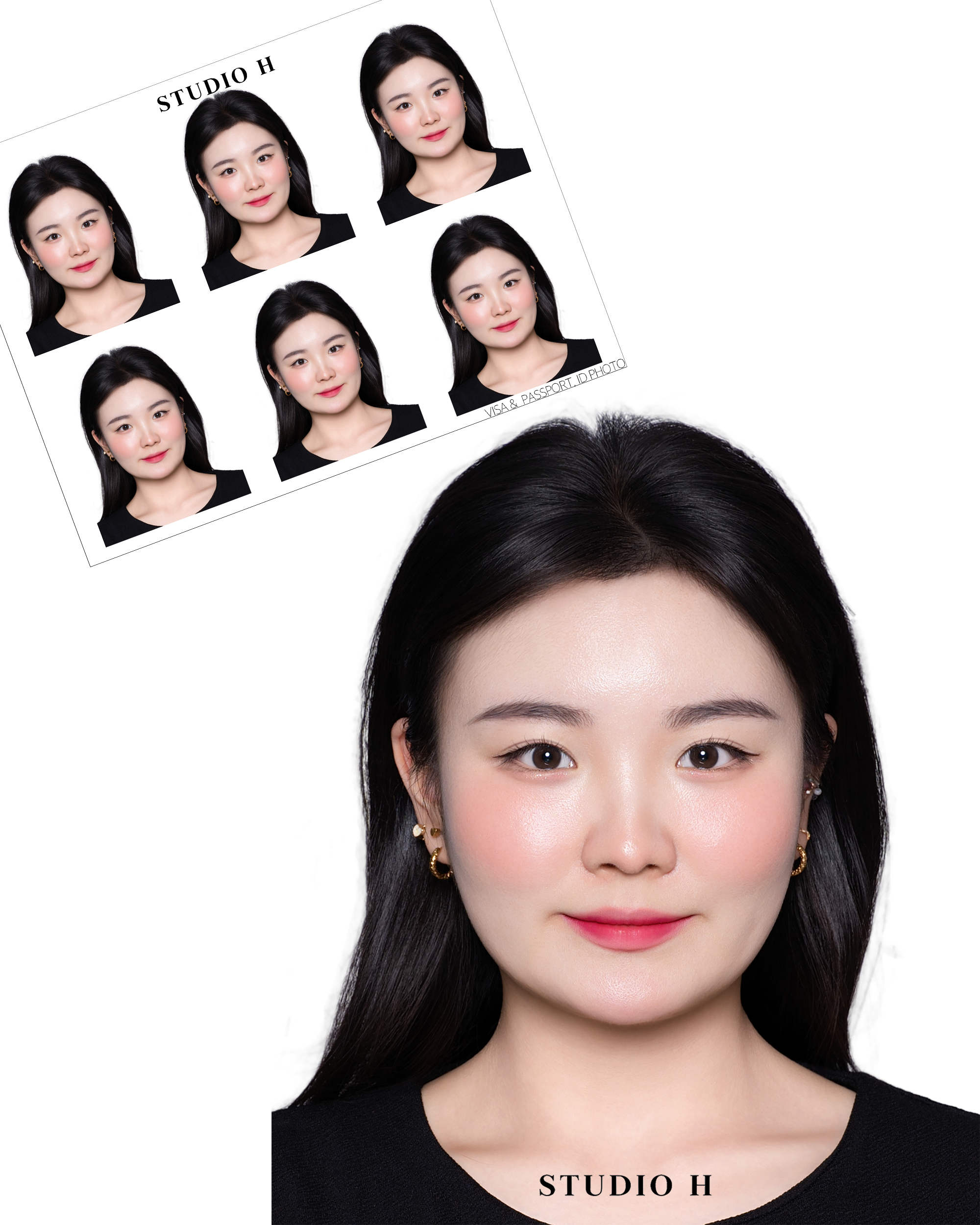 Color portrait of a woman with black hair, wearing earrings and a black shirt, against a white background, with a strip of six passport-style photos of her in the top left corner.