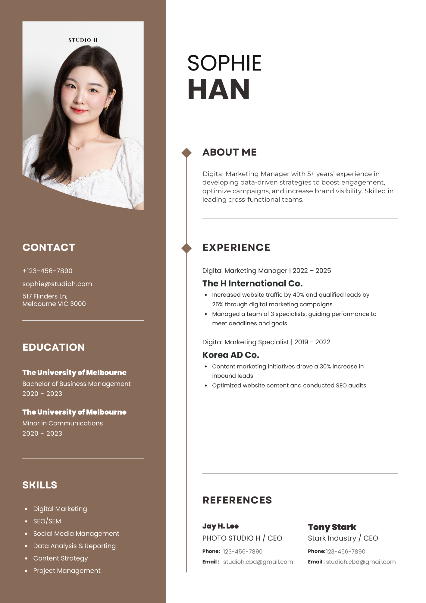 A professional resume for Sophie Han featuring her photo on the left side, with sections for About Me, Experience, Contact, Education, Skills, and References, set against a brown and white color scheme.
