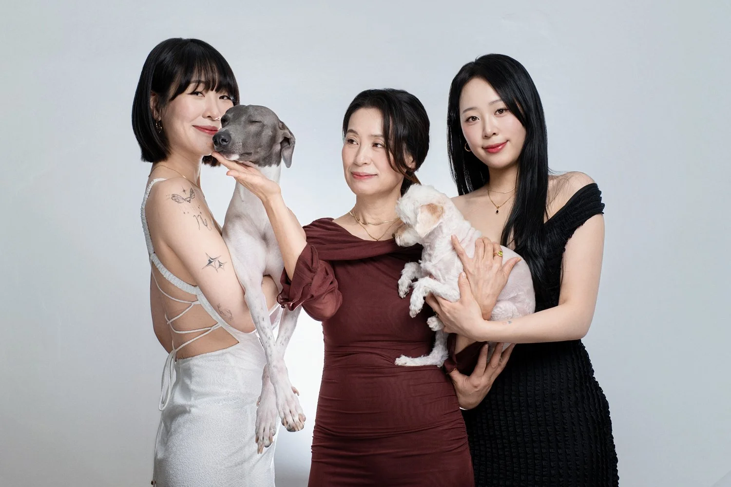 Three women holding two dogs against a plain gray background, smiling and looking at the camera.