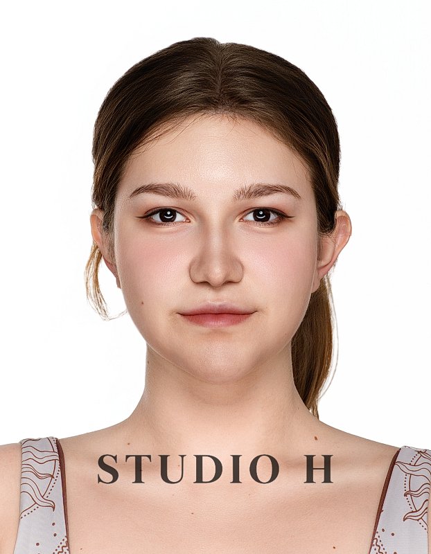 A young woman with light skin and brown hair tied back, wearing a tank top, looking directly at the camera with a neutral expression against a white background, with the words 'STUDIO H' written at the bottom.