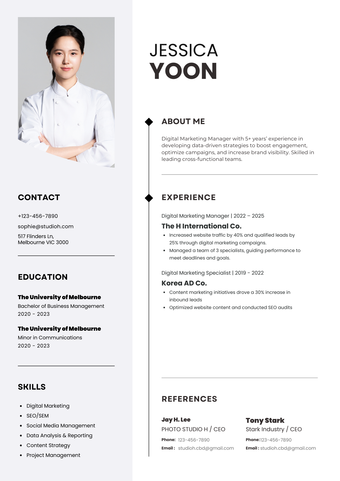 A professional resume featuring a portrait of a woman in a white chef's coat on the left and her contact information, skills, experience, education, and references on the right.
