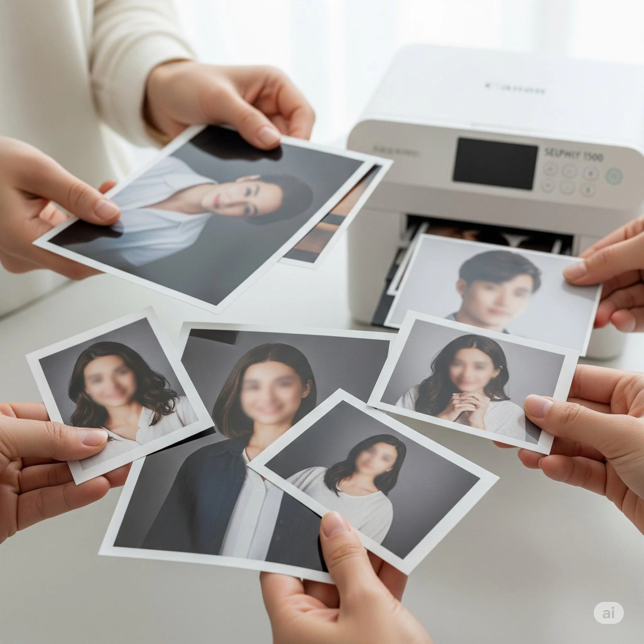 People exchanging printed photographs of women and men while using a photo printing machine.