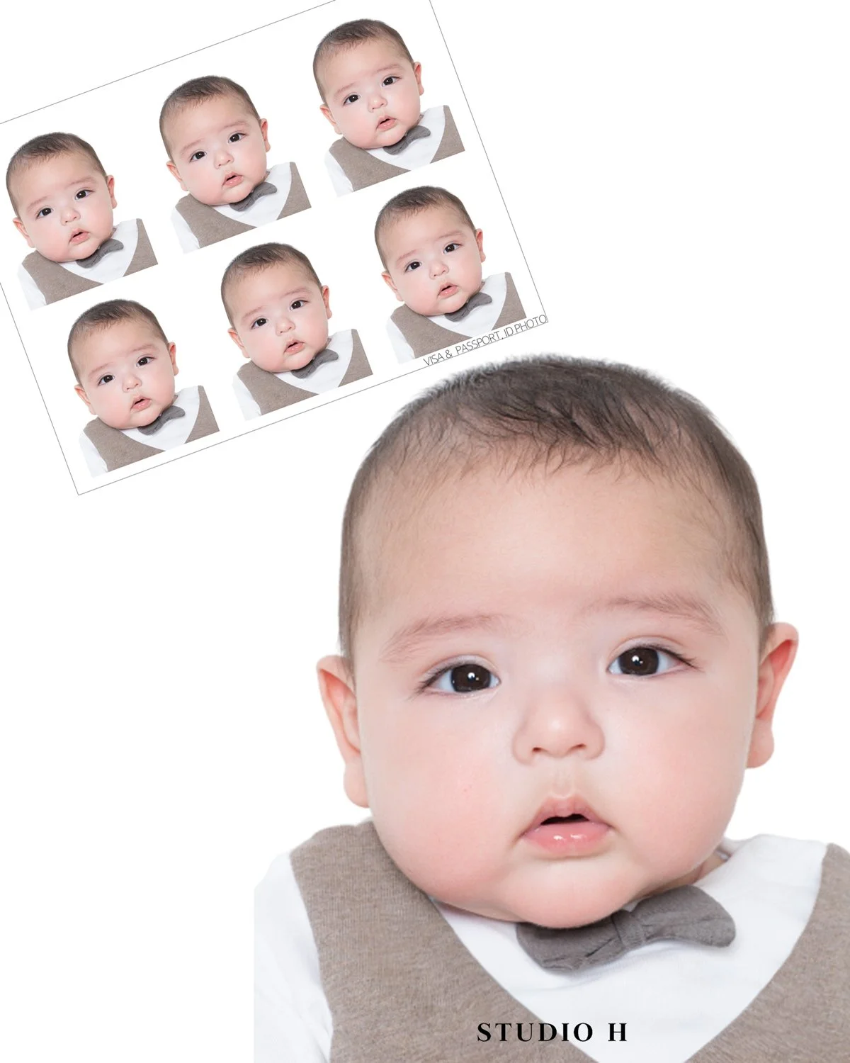Close-up of a young child with short dark hair, wearing a beige vest over a white shirt with a gray bow tie, looking directly at the camera. A sheet of six photo booth-style pictures of the same child is present in the upper left corner.