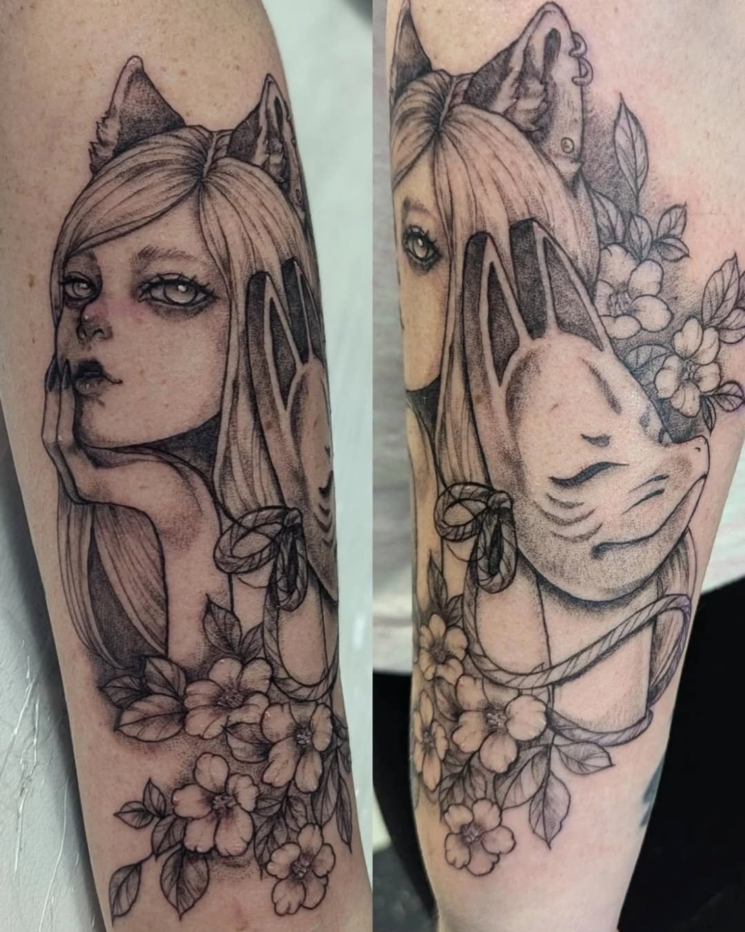 Tattoo featuring a woman's face with long hair and fox-like ears, surrounded by flowers and leaves in a black and gray style.