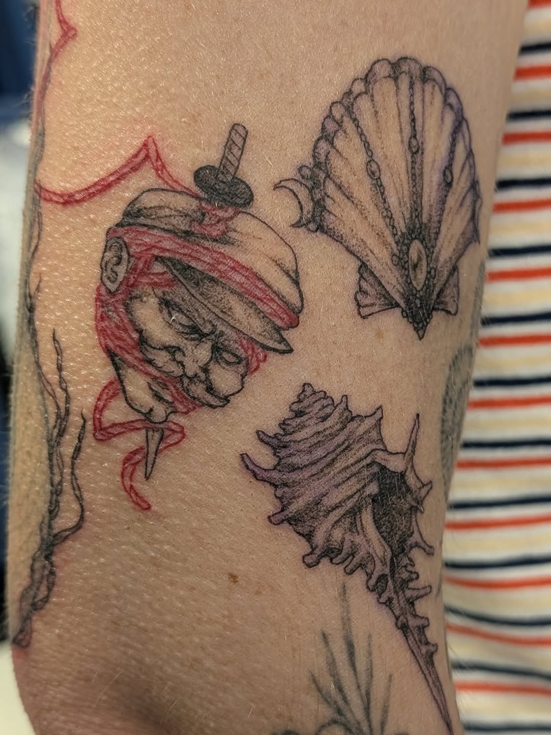 Tattoo of a lion with a crown, a fan, and a seashell.