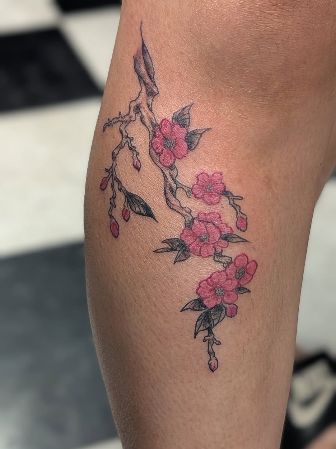 Tattoo of pink cherry blossoms with black outlines on a person's arm.