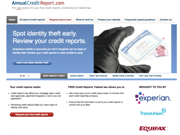 Screenshot of AnnualCreditReport.com homepage, showing a hand holding an ID card, with sections about credit reports, identity theft, and credit monitoring, and logos for Experian, TransUnion, and Equifax.