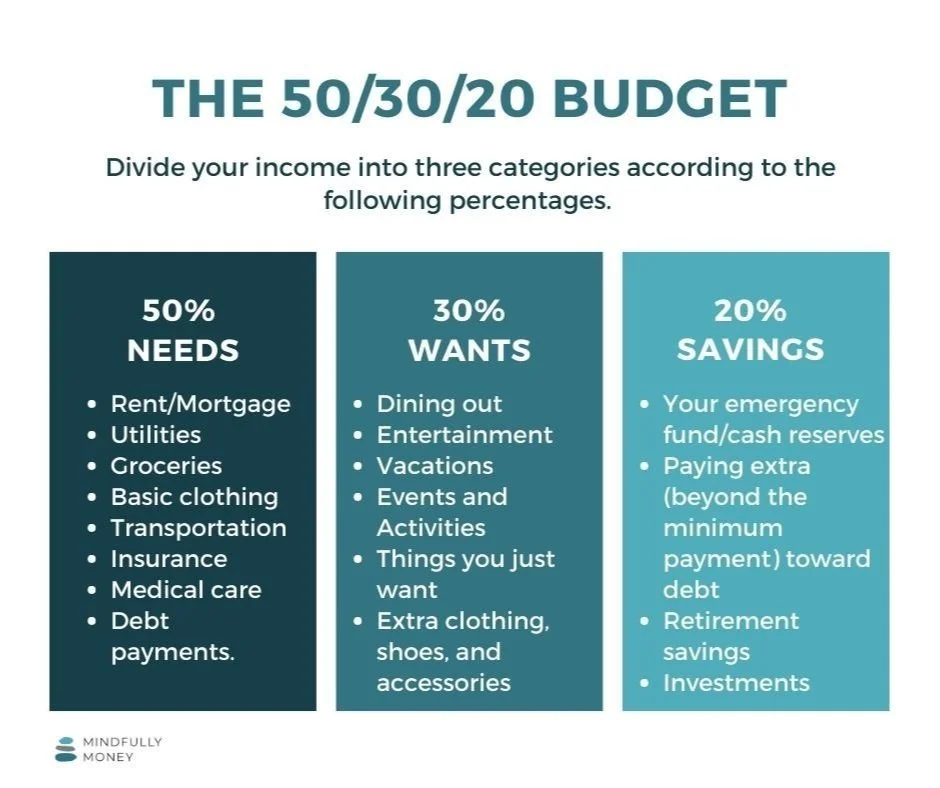 An infographic titled 'The 50/30/20 Budget' explaining how to divide income into three categories: Needs (50%), Wants (30%), and Savings (20%). It details examples for each category such as rent, groceries, entertainment, travel, emergency fund, and investments.