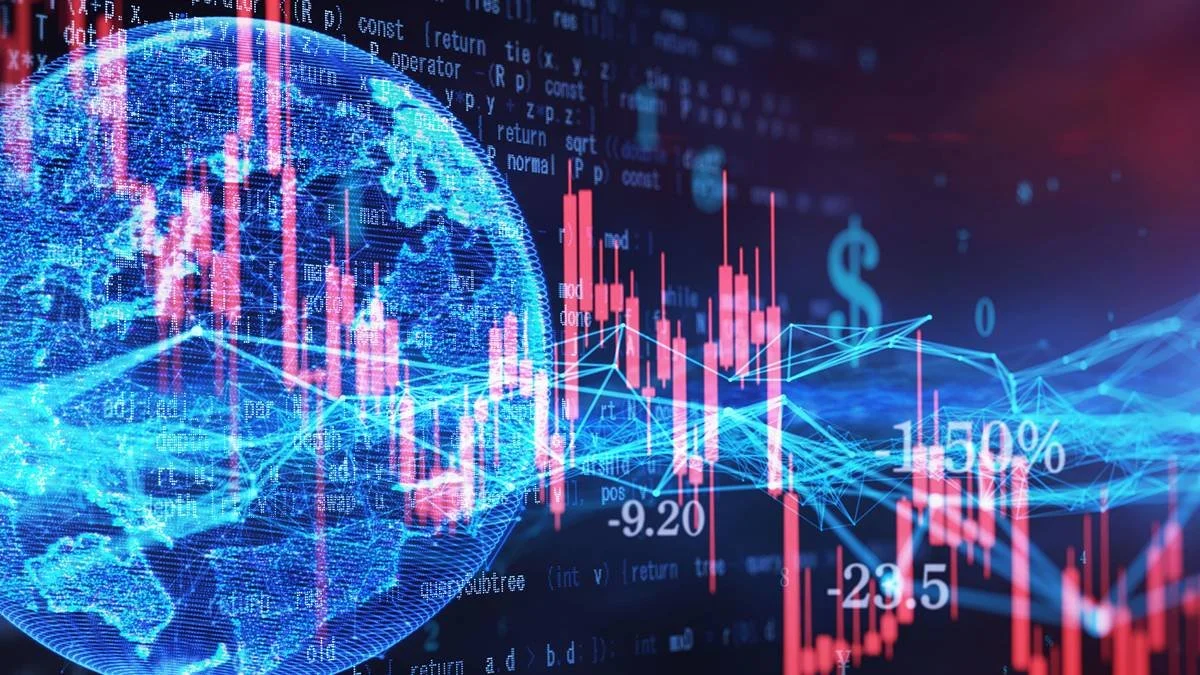Futuristic digital world map with financial graphs, stock data, and code overlay in a blue and pink color scheme.