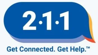 Blue and yellow sign displaying emergency phone number 2-1-1 with slogan 'Get Connected. Get Help.'