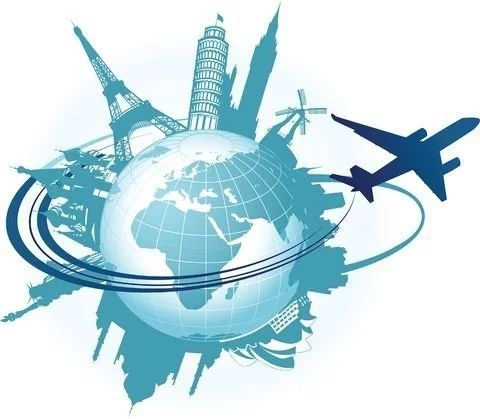 A globe surrounded by famous world landmarks and an airplane, symbolizing global travel.