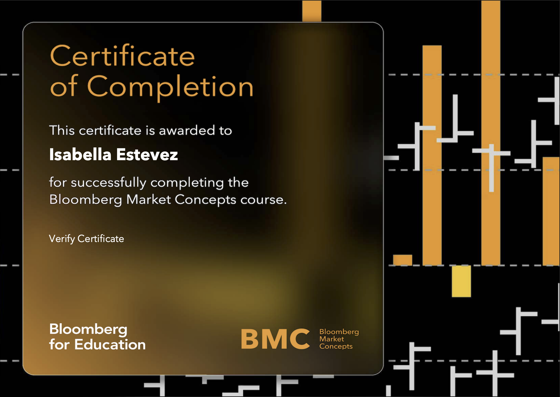 Certificate of completion awarded to Isabella Estevez for the Bloomberg Market Concepts course, with a background of financial charts and graphs.