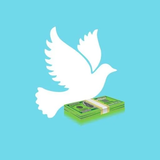 A white dove flying above a stack of green dollar bills on a blue background.