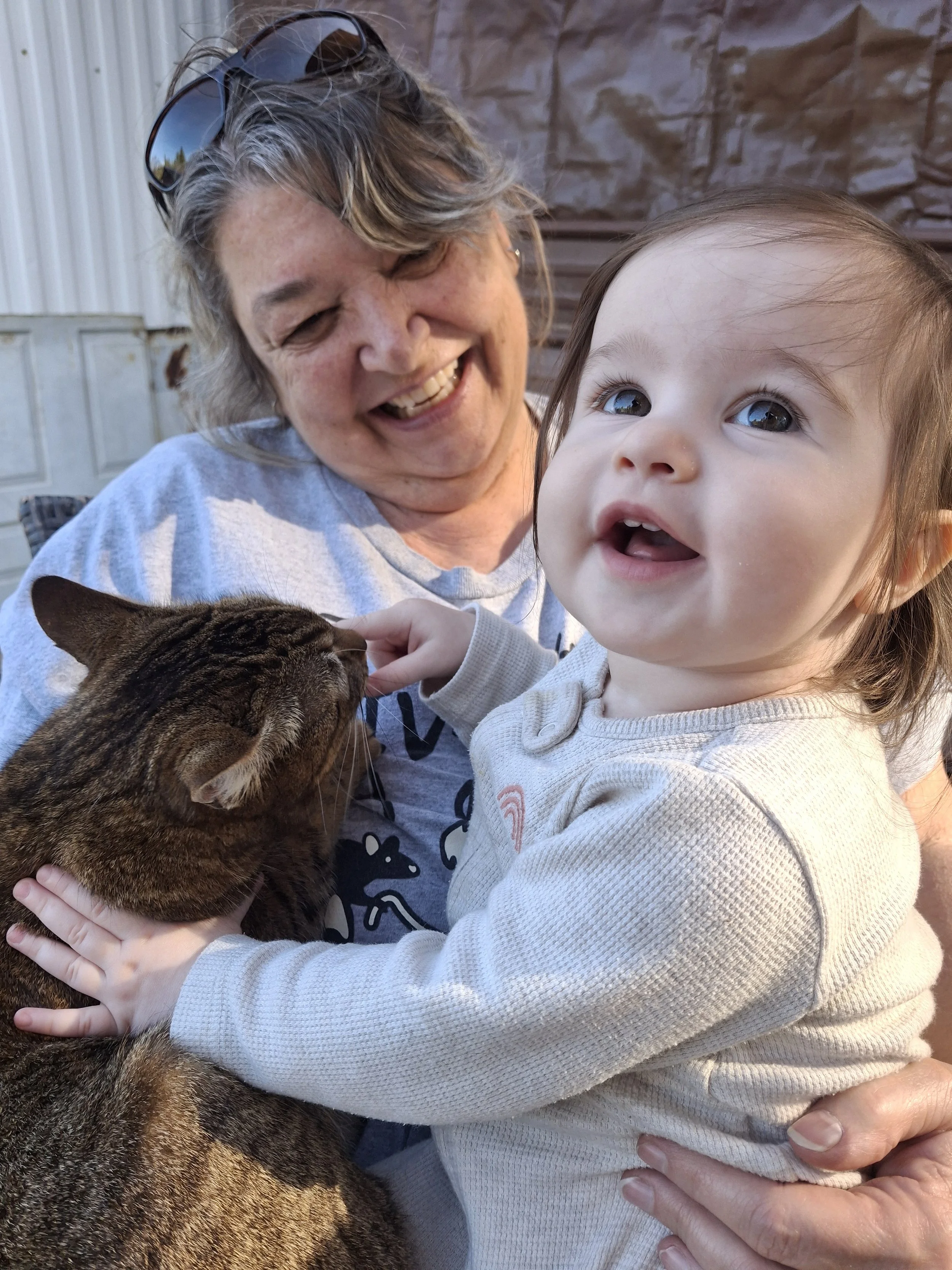 A young girl with blue eyes and light brown hair, smiling while petting a brown tabby cat held by an older woman with glasses and wavy gray hair, in an outdoor setting with a barn or shed and blue sky in the background.