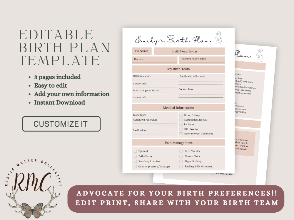 Editable Birth Plan Template: Customizable 3-Page Canva Design