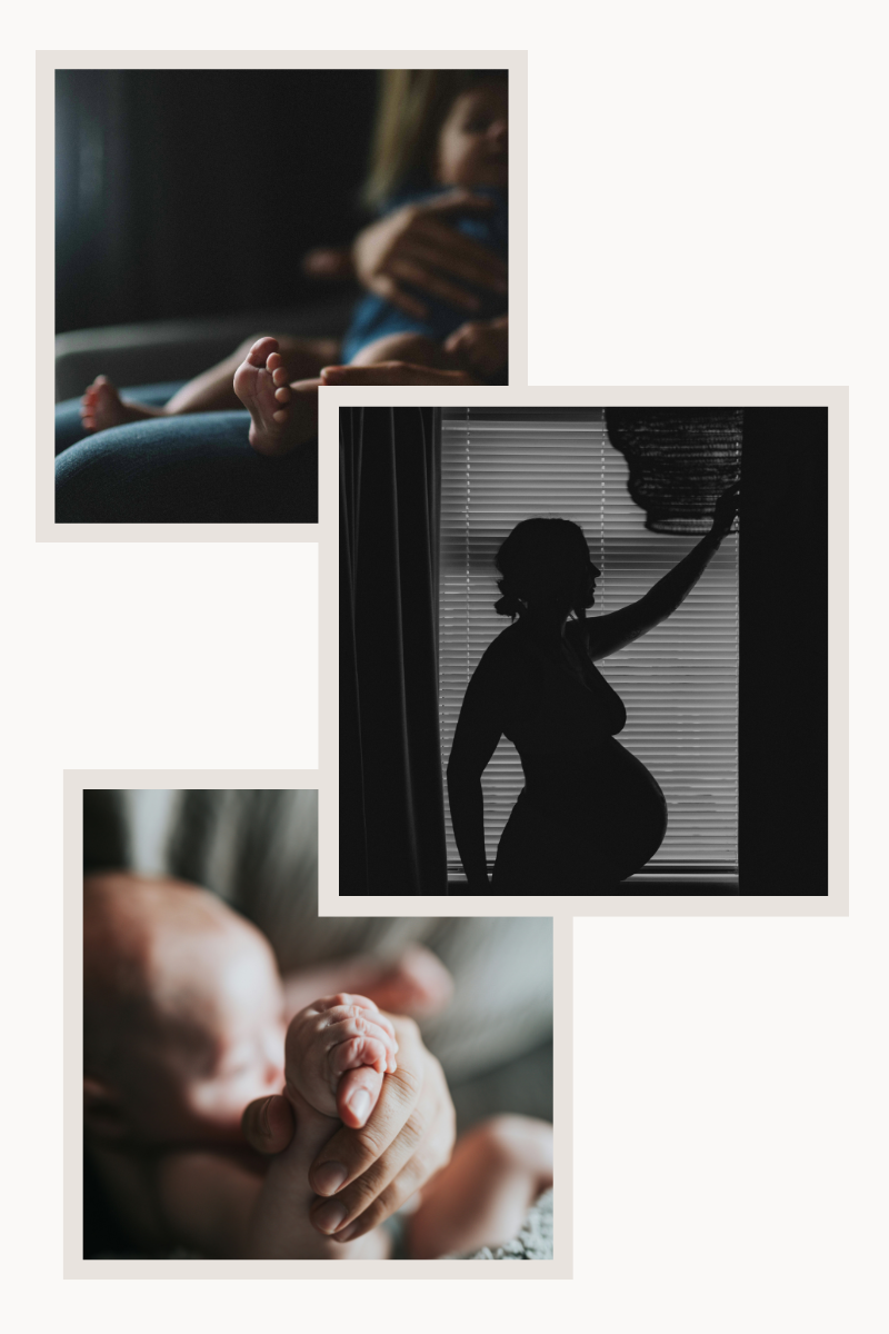 Collage of three photos: a mother holding a baby on a couch, a pregnant woman silhouetted against window blinds, and a close-up of a sleeping baby holding an adult's finger.